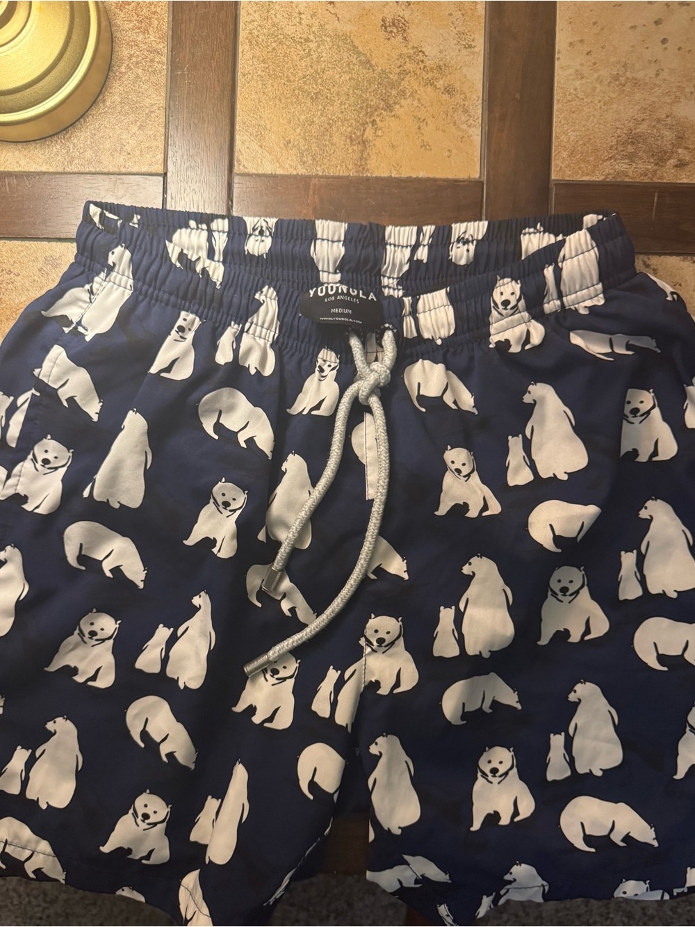 YoungLA Navy Polar Bear Print Swim Shorts